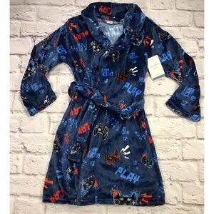 Modern Kids Boys Size Small Navy Blue Soft Robe With Waist Tie Gamer Video Games